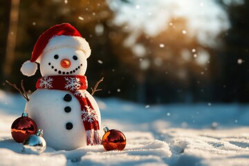 Obraz premium A cheerful snowman adorned with a red hat and scarf stands amid falling snow, surrounded by festive ornaments in a winter wonderland.