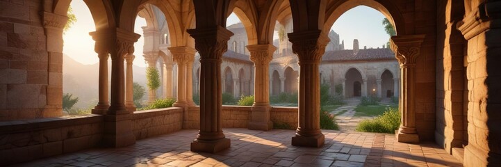 Fototapeta premium Ancient cloister's stonework bathed in sunrise light , sunlight, morning, stonework