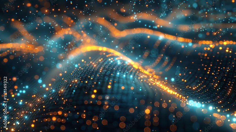 Poster digital wave of data points in a digital technology background.