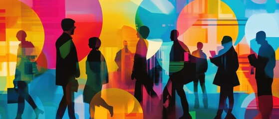 Vibrant Silhouettes of Diverse People Walking and Talking in Abstract Colorful Background
