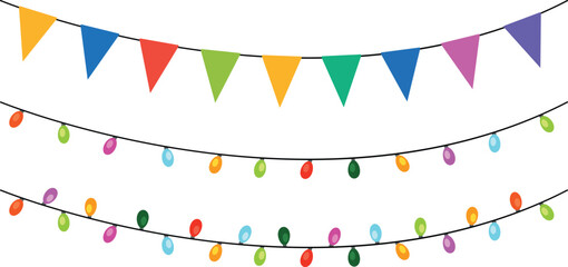 Colorful triangle party flags  and colorful party decoration lights background, decoration element, Vector illustration, Abstract, Isolated on white background
