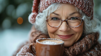 Mrs Claus smiling delightfully while holding cocoa spreading holiday cheer isolated on a radiant green background