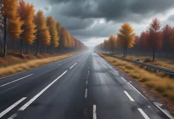 A deserted European highway on a cold and stormy autumn day, autumn night, deserted highway