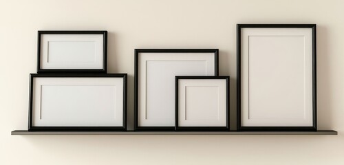 Matte black picture frames on sleek metal shelves, creating a clean, minimalist look on a white wall.