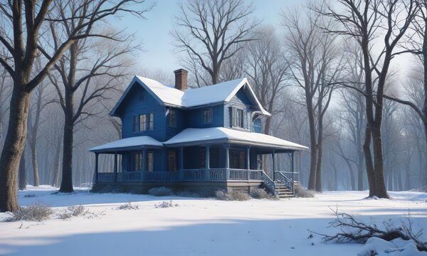 Blue house with bare tree branches in a snowy forest, winter scene, forest, blue house