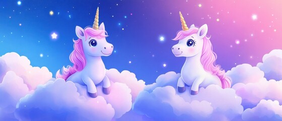 Fototapeta premium Two Adorable Unicorns Sitting on Clouds Under a Starry Night Sky