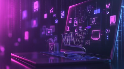 Online shopping cart on laptop with digital icons.