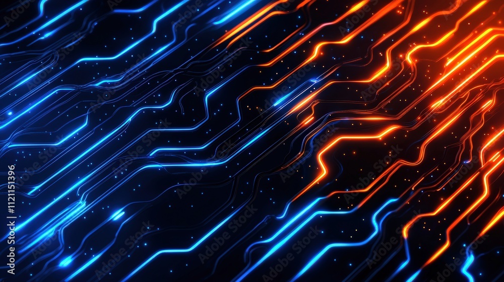 Poster Dynamic glowing circuit patterns in blue and orange hues, forming an intricate tech-inspired design