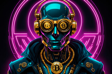 Robot wearing glasses with gold bitcoin symbols, illustration, neon aesthetics, neo-noir, cyberpunk. Generative AI.