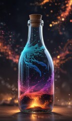 Glowing swirling particles fill a beautiful glass bottle , glass bottle, beautiful