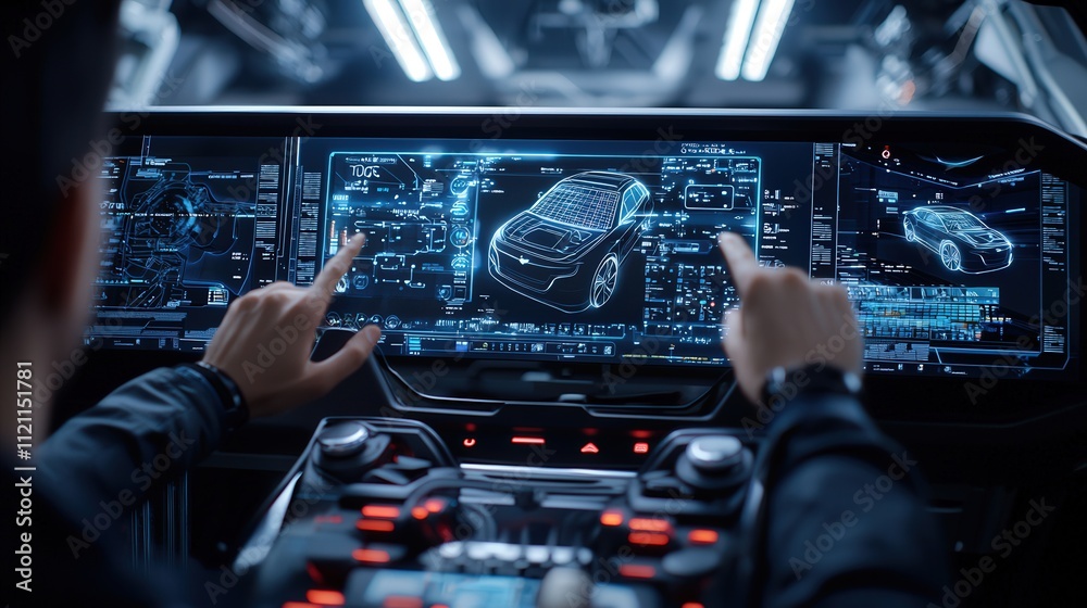 Poster engineer operating a digital console in a high-tech car manufacturing facility