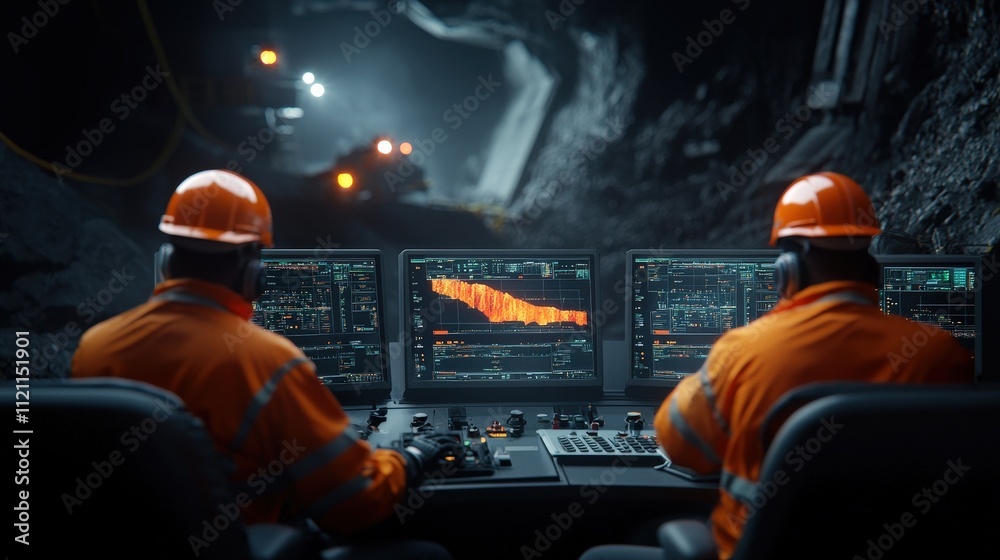 Leinwandbilder engineers monitoring operations on an underground mining dashboard with glowing orange displays