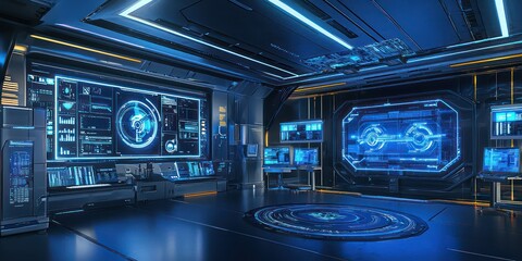 Obraz premium A futuristic healthcare environment with monitors showing vital signs and AI diagnostics.