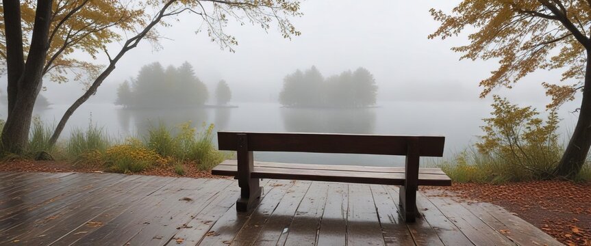 The rustic wooden bench blends seamlessly into the natural surroundings as it overlooks Pewaukee Lake on a foggy gray day, peaceful, morning