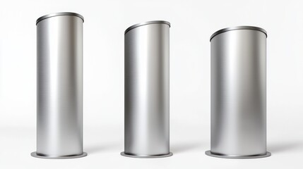 3D render of a sleek silver metallic display stand with curved vertical shape in three perspectives.
