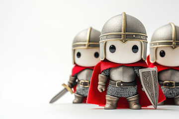 Fototapeta premium Adorable knight figurines in metal armor and red capes, ready for battle with swords and shields.