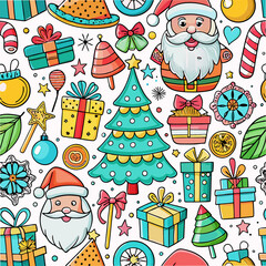 Obraz premium Cheerful Christmas seamless pattern with Santa, tree, gifts, and festive elements.