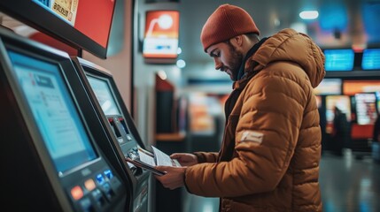 Man using selfservice kiosk, digital terminal, travel station
