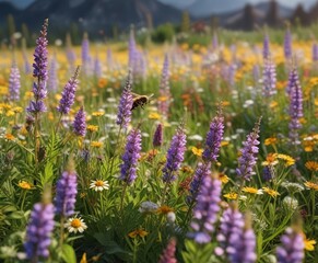 A single bee flies through a field of blooming wildflowers, bees, black-eyed susans