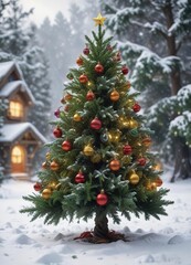 a vibrant green Christmas tree with curly leaves and multicolored ornaments in a snowy winter scene, ornament, landscape, winter