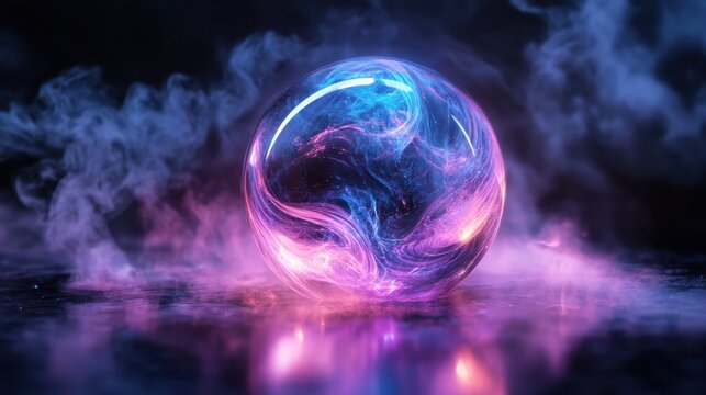 Mystical Glowing Orb with Colorful Swirls and Smoke on a Reflective Surface in a Dark Atmospheric Setting