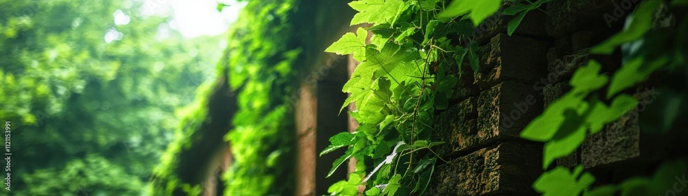 Poster mysterious ancient ruins overgrown with vines and surrounded by dense greenery