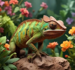 Obraz premium Brown and green chameleon blending in with flowers , animal, flower