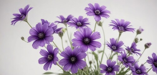 A vibrant arrangement of purple flowers against a soft, white background, floral arrangement, bold blooms