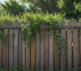Naklejka premium Overgrown vines and greenery crawling up a weathered wooden fence, greenery, wood fence