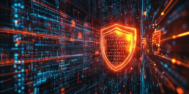 A futuristic shield glowing in the center of a digital matrix, with data streams flowing around it, symbolizing strong cybersecurity.