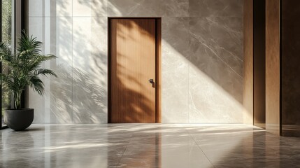 Modern Minimalist Interior Design Marble Walls, Wooden Door, Sunlit Hallway