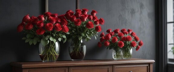 A vase filled with fresh red roses on a dark wooden sideboard , flowers, valentine