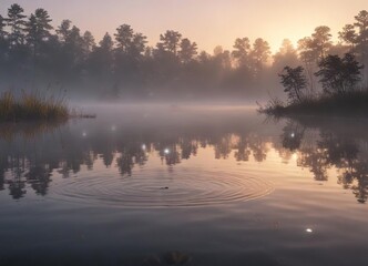 Fototapeta premium Shimmering ripples on a pond at dawn breaking through the fog, shimmering effect, serene atmosphere, radiant light
