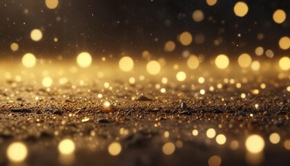 Blurred surface with scattered yellow gold sparks and bokeh effect, golden, background