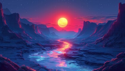 Alien Canyon Sunset With Glowing River And Moon