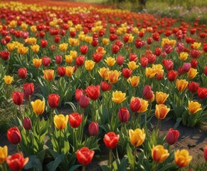 Obraz premium Tulip blooms in shades of red and yellow scattered throughout a lush meadow, wildflowers, green grass, sunny meadow