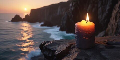 An illuminated candle on a rocky cliff overlooking the ocean, ocean, solitude