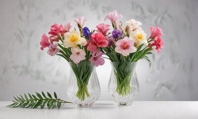 Fototapeta premium Fresh rose and iris blooms arranged in a elegant crystal vase on white background with lush greenery, simple, roses, greenery