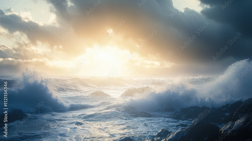 Poster powerful waves crashing against jagged rocks under a dramatic cloudy sky