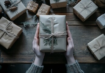 A person holding wrapped gifts on a wooden table, christmas background