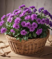 A bunch of shali violet flowers tied together with twine in a wicker basket , bouquet, botanical, twine