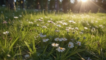 Sunbeams dance through the delicate petals of a blooming wildflower, casting dappled shadows on the soft grass, sunlight filtering, wildflowers, serene landscape