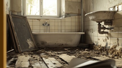 Demolition Renovation Bathroom Damaged Tiles, Old Bathtub, Sink