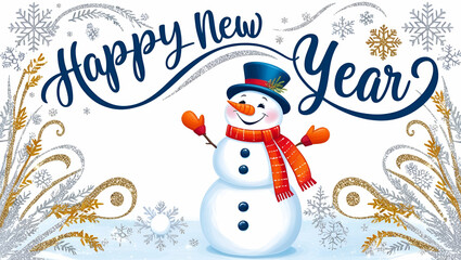 Happy New Year card, snowman, white background, New Year greetings, festive, winter, snow, holiday season, New Year's Eve, snowflakes, snow-covered ground, New Year wishes, snowman illustration, cheer