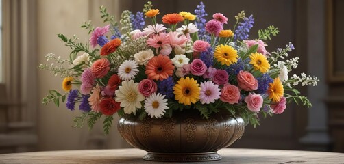 Fototapeta premium A beautiful bouquet of mixed flowers in a decorative vase, artistic, creative