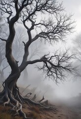 Foggy landscape with twisted tree branches and swirling smoke, foggy, swirly, misty