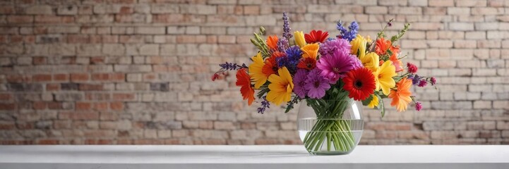 A mix of colorful flowers arranged in a glass vase placed on a white table with a brick wall as background, home decor , color