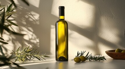 A stylish bottle of premium olive oil sits on a bright kitchen countertop, accompanied by fresh olives and sprigs of rosemary, creating a warm, inviting atmosphere in the home.