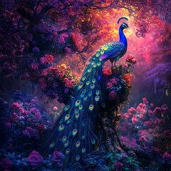 A vibrant peacock surrounded by colorful roses on a glowing tree in a magical forest.

