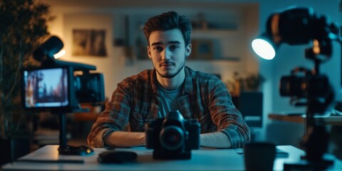 Young Content Creator Recording Video Blog at Home Studio, Night Filming,  Professional Vlogging Setup,  Camera and Lights